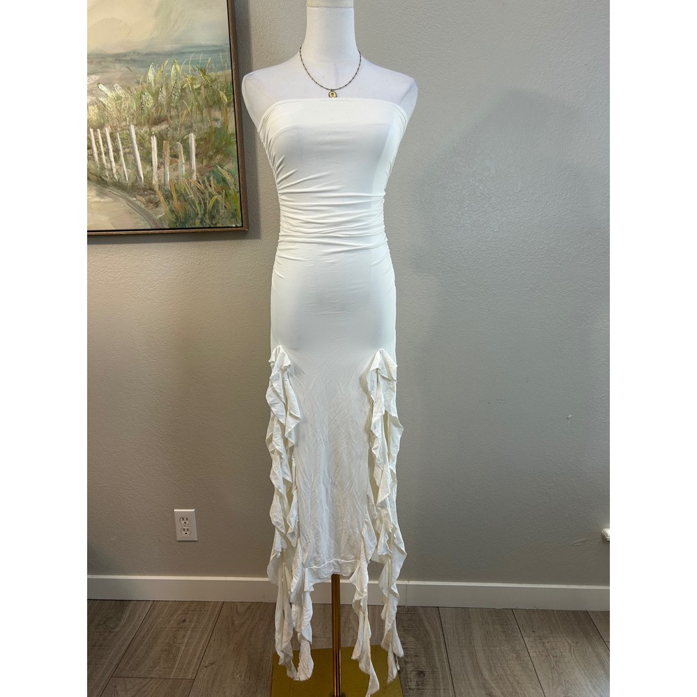 White Strapless Ruched Ruffle Asymmetrical Hem Fairycore Bridal Tube Dress XS/S
